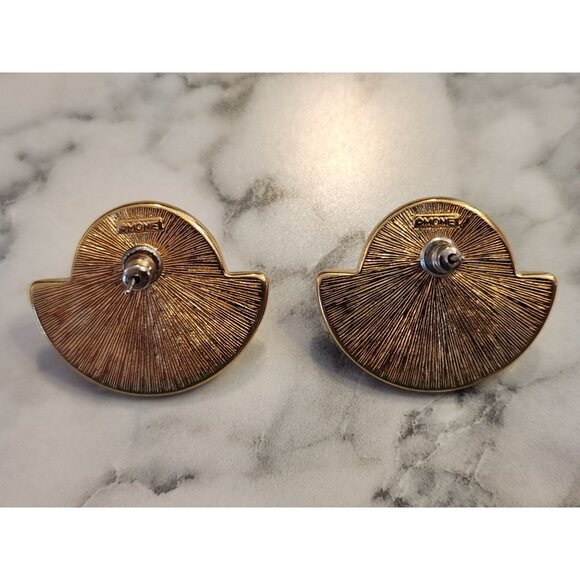 Vintage Monet Signed Pierced Earrings, White Dome Gold Tone Geometric Fan Design - Picture 3 of 5